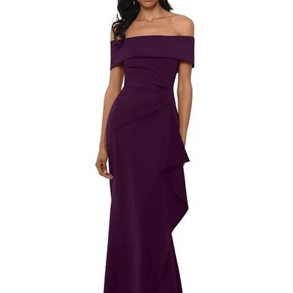XSCAPE Ruffled Off-The-Shoulder Gown Plum - Picture 1 of 4